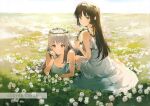  2girls absurdres anmi bangs bare_shoulders black_hair brown_eyes closed_mouth dress full_body green_eyes hair_ornament head_wreath highres holding huge_filesize looking_at_viewer multiple_girls original scan silver_hair sleeveless sleeveless_dress smile 