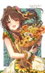  absurdres bangs blush bouquet brown_eyes brown_hair cowboy_shot dated flower flower_request frilled_sleeves frills greenkohgen hair_flower hair_ornament happy_birthday highres holding holding_bouquet idol idolmaster idolmaster_cinderella_girls long_hair open_mouth orange_flower pink_flower ponytail skirt sleeveless smile solo sunflower takamori_aiko white_flower white_skirt wrist_cuffs yellow_flower 