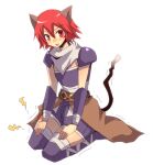  1boy :d animal_ears armor assassin_(ragnarok_online) bandages bangs blush bracer brown_cape cape cat_ears cat_tail commentary_request crossdressing emon-yu eyebrows_visible_through_hair full_body hair_between_eyes looking_at_viewer male_focus misty_(ragnarok_online) open_mouth otoko_no_ko pauldrons purple_shirt purple_shorts ragnarok_online red_eyes red_hair seiza shirt short_hair shorts shoulder_armor simple_background sitting sleeveless sleeveless_shirt smile solo tail thighhighs trembling waist_cape white_background 