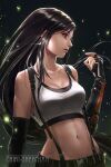  1girl anna_lynn artist_name black_gloves black_sports_bra breasts brown_hair cleavage collarbone commentary crop_top dangle_earrings earrings elbow_gloves english_commentary final_fantasy final_fantasy_vii final_fantasy_vii_remake fingerless_gloves gloves highres jewelry long_hair looking_away looking_to_the_side medium_breasts midriff navel red_eyes solo sparkle sports_bra suspenders suspenders_gap tank_top tifa_lockhart upper_body white_tank_top 