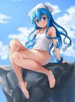  1girl absurdres aomoro bare_legs bare_shoulders barefoot blue_eyes blue_hair blue_sky breasts closed_mouth covered_navel day feet full_body hair_between_eyes hat highres ikamusume light_smile long_hair looking_at_viewer one-piece_swimsuit outdoors shinryaku!_ikamusume sitting sky small_breasts solo squid_hat summer swimsuit tentacle_hair thighs white_headwear white_swimsuit 
