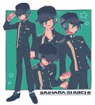  1boy bangs black_hair black_headwear black_jacket black_pants blush buttons character_name character_sheet commentary_request cropped_torso danganronpa_(series) danganronpa_v3:_killing_harmony double-breasted expressions flying_sweatdrops full_body gakuran green_background green_hair hand_on_own_chin hand_up hat jacket looking_at_viewer male_focus multiple_views open_mouth pants saihara_shuuichi sasakama_(sasagaki01) school_uniform short_hair star_(symbol) star_print striped striped_jacket striped_pants 