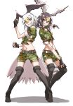  2girls absurdres arm_up bald_eagle_(kemono_friends) bare_arms belt bird_tail bird_wings black_hair blonde_hair boots camouflage camouflage_shirt camouflage_shorts clenched_hands closed_mouth detached_collar eyebrows_visible_through_hair fingerless_gloves full_body gloves gradient_hair grin hair_between_eyes hand_up head_wings highres japari_symbol kemono_friends kemono_friends_3 looking_at_viewer medium_hair midriff multicolored_hair multiple_girls navel northern_goshawk_(kemono_friends) official_alternate_costume orange_eyes outstretched_arm pose shirt short_sleeves shorts sidelocks simple_background smile spread_wings standing stomach tail tanabe_(fueisei) thigh_boots thighhighs tied_shirt twisted_torso two-tone_hair white_background white_shirt wings yellow_eyes 