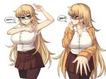  1girl arm_up armpits bespectacled black-framed_eyewear black_legwear blonde_hair blue_eyes blush breasts brown_skirt collar collarbone commentary english_commentary english_text flustered furi2play! glasses highres jacket large_breasts long_hair looking_at_viewer margit_hartmann multiple_views open_mouth orange_jacket outstretched_hand pantyhose peach_(momozen) shirt simple_background skirt solo speech_bubble very_long_hair white_background white_shirt 