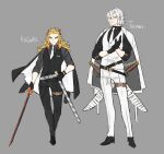  2boys adjusting_clothes adjusting_gloves belt black_footwear black_gloves black_jacket black_pants black_shirt black_vest blonde_hair character_name closed_mouth gloves grey_background hair_between_eyes highres holding holding_sword holding_weapon jacket jacket_on_shoulders katana kimetsu_no_yaiba long_hair male_focus multicolored_hair multiple_boys necktie pants papajay_(jennygin2) red_eyes red_hair rengoku_kyoujurou sheath sheathed shirt simple_background sword thick_eyebrows unsheathed uzui_tengen vest weapon white_hair white_jacket white_neckwear white_pants white_vest 