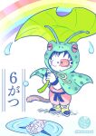  2boys :o ankle_boots antennae belt black_belt black_eyes black_hair black_wristband boots captain_ginyu child clenched_hands coat different_reflection dougi dragon_ball dragon_ball_(classic) dragon_ball_z frog_raincoat full_body green_coat highres holding holding_leaf leaf leaf_umbrella male_focus multiple_boys norita_(6110885) open_mouth pale_color puddle rainbow raincoat red_eyes reflection ripples scouter simple_background slit_pupils son_goku standing twitter_username water water_drop white_background wristband yellow_footwear 