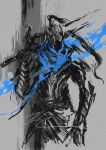  1boy abyss armor artorias_the_abysswalker blue_theme dark_souls_i full_armor helmet highres holding holding_weapon male_focus monochrome plume shimhaq solo souls_(series) weapon 