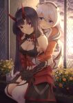  2girls :o absurdres antenna_hair armor asymmetrical_gloves bangs bare_shoulders black_gloves blue_eyes braid breasts cleavage closed_mouth cloud cloudy_sky crying crying_with_eyes_open flower gloves hair_between_eyes highres honkai_(series) honkai_impact_3rd horns hug huge_filesize jacket japanese_armor kiana_kaslana kiana_kaslana_(white_comet) long_hair long_sleeves looking_at_another mrotan multiple_girls open_mouth outdoors purple_eyes purple_hair raiden_mei raiden_mei_(herrscher_of_thunder) sitting sky sunset tears teeth twin_braids uneven_gloves white_hair white_legwear yellow_flower yuri 