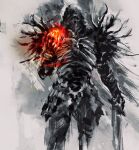  1other armor breastplate dark_souls_i darkwraith_(dark_souls) full_armor hand_up highres holding holding_sword holding_weapon hood hood_up pauldrons red_theme shimhaq shoulder_armor skeleton skull solo souls_(series) standing sword weapon 