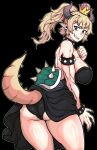  &gt;:) 1girl absurdres ass back bare_shoulders black_background black_collar black_dress black_panties blonde_hair blue_eyes bowsette bracelet breasts clothes_lift collar crown dinoyhs dress dress_lift earrings eyebrows_visible_through_hair fingernails grin high_ponytail highres horns jewelry korean_commentary large_breasts long_hair mario_(series) new_super_mario_bros._u_deluxe panties pointy_ears sharp_fingernails sharp_teeth simple_background smile solo spiked_armlet spiked_bracelet spiked_collar spiked_shell spiked_tail spikes strapless strapless_dress super_crown tail tail_lift teeth toned turtle_shell twisted_torso underwear v-shaped_eyebrows 