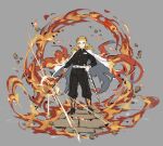  1boy absurdres belt black_pants blonde_hair cape closed_mouth fire full_body grey_background hand_on_hip highres holding holding_sword holding_weapon katana kimetsu_no_yaiba long_hair male_focus multicolored_hair pants papajay_(jennygin2) red_hair rengoku_kyoujurou sheath simple_background solo standing sword thick_eyebrows unsheathed weapon white_belt 