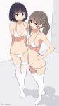  2girls arms_behind_back bangs bare_shoulders bikini black_hair blue_eyes breasts brown_hair cleavage closed_mouth commentary_request ekko_(pixiv55368152) eyebrows eyebrows_visible_through_hair floor from_side full_body hand_on_own_stomach long_hair looking_at_another looking_at_viewer low_twintails medium_breasts medium_hair mole mole_on_breast multiple_girls navel open_mouth original pixiv_id red_eyes sidelocks smile smirk standing swimsuit thighhighs twintails wall white_bikini white_legwear 