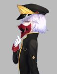  1girl absurdres black_coat black_headwear coat commentary english_commentary from_side gloves grey_background hat highres looking_at_viewer looking_to_the_side lordol medium_hair original peaked_cap profile purple_eyes purple_hair sideways_glance simple_background solo white_gloves 
