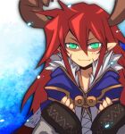  1boy alchemist_(ragnarok_online) antlers bangs blue_cape cape closed_mouth commentary_request emon-yu fangs fangs_out green_eyes hair_between_eyes long_hair long_sleeves looking_at_viewer male_focus pointy_ears ragnarok_online red_hair shaded_face slit_pupils smile solo upper_body 