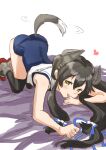  1girl afterimage all_fours black_hair black_legwear commentary_request crop_top dog_tail fuji_(pixiv24804665) green_eyes hair_ribbon headgear highres i-47_(kancolle) kantai_collection long_hair looking_at_viewer low-tied_long_hair ribbon rudder_footwear sailor_collar sailor_shirt school_swimsuit see-through_skirt shirt sidelocks simple_background skirt sleeveless sleeveless_shirt solo swimsuit tail tail_wagging thighhighs tress_ribbon white_background white_sailor_collar 