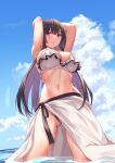  1girl absurdres arms_behind_head bikini black_hair blue_sky breasts closed_mouth cloud commentary_request day haitekudasai_takamine-san highres large_breasts long_hair looking_at_viewer navel nyuubara_reona ocean partially_submerged rebutsu red_eyes sarong sky smile swimsuit wet white_bikini 