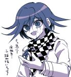  1boy :d bangs blood blood_on_face checkered checkered_neckwear checkered_scarf commentary_request danganronpa_(series) danganronpa_v3:_killing_harmony eyebrows_visible_through_hair flipped_hair grey_background grey_jacket hair_between_eyes hand_up jacket limited_palette long_sleeves male_focus open_mouth ouma_kokichi pink_blood sasakama_(sasagaki01) scarf smile solo translation_request upper_body 