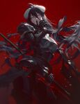  1girl ahoge albedo_(overlord) armor bangs blood blood_on_face demon_girl demon_horns demon_wings fajyobore feathered_wings gauntlets highres holding holding_weapon horns long_hair looking_at_viewer overlord_(maruyama) very_long_hair weapon wings yellow_eyes 
