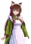  1girl animal_ear_fluff animal_ears apron bangs bell black_choker blush breasts brown_hair cat_ears choker commentary_request eyebrows_visible_through_hair flower frilled_apron frills green_eyes green_kimono hair_between_eyes hair_flower hair_ornament hand_up highres iroha_(iroha_matsurika) japanese_clothes jingle_bell kimono long_sleeves looking_at_viewer maid_apron maid_headdress neck_bell original purple_flower red_flower simple_background small_breasts solo wa_maid watermark white_apron white_background wide_sleeves 