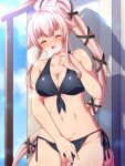  1girl alternate_costume bikini black_bikini breasts closed_eyes clothed_masturbation female_ejaculation fingering fingering_through_clothes front-tie_bikini front-tie_top hair_flaps highres kantai_collection long_hair masturbation masturbation_through_clothing medium_breasts navel pink_hair ponytail sebunsu side-tie_bikini solo swimsuit through_clothes very_long_hair yura_(kancolle) 