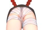  1girl ass bandages cameltoe close-up from_behind from_below genshin_impact highres ldd.ek lower_body simple_background solo thighs white_background yoimiya_(genshin_impact) 