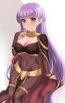  1girl absurdres blush braid breasts cape cleavage commission commissioner_upload cosplay embarrassed fire_emblem fire_emblem:_the_binding_blade fire_emblem_awakening fire_emblem_cipher highres large_breasts long_hair midriff navel purple_eyes purple_hair see-through shiny shiny_hair snowsakurachan solo sophia_(fire_emblem) tharja_(fire_emblem) tharja_(fire_emblem)_(cosplay) very_long_hair watermark 