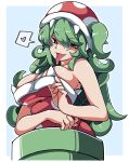  1girl absurdres breasts dress gokuu_(acoloredpencil) green_eyes green_hair heart highres large_breasts long_hair mario_(series) personification piranha_plant red_dress sleeveless sleeveless_dress solo speech_bubble spoken_heart strapless strapless_dress tongue tongue_out warp_pipe 