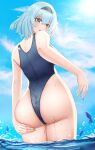  1girl absurdres ass ass_focus ass_grab ass_support beach blue_eyes dripping eula_(genshin_impact) fish from_behind genshin_impact hairband highres legs_together looking_at_viewer looking_back short_hair skin_tight smile solo sunlight swimsuit thighs too water wet yellow_eyes 