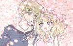  1boy 1girl :d ahoge akamatsu_kaede amami_rantarou bangs blonde_hair blush breasts closed_mouth collarbone collared_shirt commentary_request couple danganronpa_(series) danganronpa_v3:_killing_harmony eyebrows_visible_through_hair fc_(efushii) green_eyes green_hair hair_ornament hetero holding_hands jewelry large_breasts long_hair looking_at_another musical_note_hair_ornament necklace necktie open_mouth petals pink_eyes pink_vest shirt short_hair smile striped sweater_vest vest white_shirt 