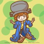  1boy blue_coat blush_stickers brazil brown_footwear brown_hair character_name child closed_mouth coat copyright_name full_body looking_at_viewer male_focus maluquinho o_menino_maluquinho oversized_clothes pot pot_on_head shirt shoes shorts smile socks solo takeuchi_kou yellow_shirt 