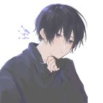  1boy bangs black_hair black_hoodie hair_between_eyes head_rest highres hood hoodie long_sleeves looking_afar male_focus original pd_ta1 purple_eyes short_hair sidelocks simple_background sleeves_past_wrists solo white_background 