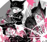  1boy ball bangs blood blood_on_face blush_stickers clenched_teeth commentary_request danganronpa_(series) danganronpa_v3:_killing_harmony fang grey_background hands_up hat highres holding hoshi_ryouma jacket looking_at_viewer male_focus multiple_views pink_blood spot_color suurin_(ksyaro) teeth 