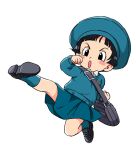  1girl :o bag bangs black_eyes black_footwear black_hair blue_headwear blue_legwear blue_skirt blue_sweater blush_stickers boriroba dragon_ball dragon_ball_super dragon_ball_super_super_hero flying_kick full_body hat highres kicking kindergarten_uniform mary_janes pan_(dragon_ball) school_bag school_uniform shirt shoes short_hair simple_background skirt socks solo sweater white_background white_shirt 