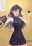  1girl :d armpits bare_legs black_dress blue_hair blush bottle breasts choko_(cup) closed_eyes covered_nipples cowboy_shot cross cross_necklace cup dress earrings fadingz highres holding holding_bottle holding_cup jewelry katsuragi_misato large_breasts long_hair narrow_waist necklace neon_genesis_evangelion open_mouth pixiv_id sake_bottle short_dress signature sleeveless smile spilling table thighs zipper_dress 