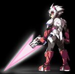  1boy ahoge ass azure_striker_gunvolt bodysuit cougar_(cougar1404) energy_sword gloves gun gunblade gunvolt hair_ornament looking_at_viewer mega_man_(series) mega_man_zx red_eyes simple_background solo sword weapon white_hair 