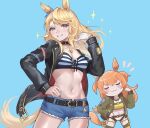  2girls :3 =_= absurdres animal_ears bandeau belt black_choker black_jacket blonde_hair blue_eyes blue_shorts bow breasts choker cowboy_shot crop_top cutoffs denim denim_shorts gloves gold_city_(umamusume) grin hair_bow hand_on_hip hand_up highres horse_ears jacket joeychen long_hair long_sleeves looking_at_viewer mayano_top_gun_(umamusume) medium_breasts midriff multiple_girls nail_polish navel open_clothes open_jacket orange_hair short_shorts shorts single_glove smile standing stomach strapless striped tubetop two_side_up umamusume white_gloves 