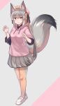  alternate_costume animal_ears beret blush eyebrows_visible_through_hair fox_ears fox_girl fox_tail frilled_skirt frills full_body grey_hair grey_legwear grey_skirt hat highres hood hood_down hoodie island_fox_(kemono_friends) kemono_friends loafers long_hair long_sleeves multicolored_hair okyao orange_hair orange_headwear orange_legwear pantyhose pink_hoodie pleated_skirt shoes skirt smile tail twintails two-tone_hair two-tone_legwear virtual_youtuber white_footwear yellow_eyes 