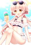  1girl :d bangs bare_legs bare_shoulders bikini blue_archive blush brown_eyes collarbone commentary_request day double_scoop eyebrows_visible_through_hair eyewear_on_head feet_out_of_frame food hair_between_eyes halo heart hifumi_(blue_archive) highres holding holding_food ice_cream ice_cream_cone knees_together_feet_apart knees_up light_brown_hair looking_at_viewer low_twintails navel open_mouth ribbon-trimmed_bikini shikito sitting smile solo sunglasses swimsuit twintails white_bikini 