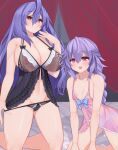  2girls absurdres alternate_breast_size bare_shoulders black_panties blue_hair blush braid breasts dual_persona dura flat_chest highres huge_breasts iris_heart kami_jigen_game_neptune_v lingerie long_hair multiple_girls navel negligee neptune_(series) panties purple_hair pururut red_eyes see-through symbol-shaped_pupils underwear very_long_hair white_panties 