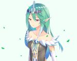  1girl bare_shoulders blue_hair breasts brown_dress closed_mouth crusadia_arboria detached_sleeves diadem dress duel_monster gradient_hair green_hair hair_between_eyes highres long_hair lordol medium_breasts multicolored_hair off-shoulder_dress off_shoulder pointy_ears red_eyes simple_background solo white_background yu-gi-oh! 