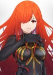  1girl black_bodysuit black_gloves bodysuit breasts fate/grand_order fate_(series) gloves hair_over_one_eye long_hair looking_at_viewer mari_(doraerin0) medium_breasts oda_nobunaga_(fate)_(all) oda_nobunaga_(maou_avenger)_(fate) oda_uri red_hair simple_background solo upper_body white_background 