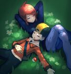  2boys agentpuppyone ahoge backwards_hat bag black_hair closed_mouth commission commissioner_upload crossed_legs drooling ethan_(pokemon) hat high_collar highres jacket lying male_focus medium_hair multiple_boys on_back open_mouth pants poke_ball pokemon pokemon_(game) pokemon_hgss red_hair saliva short_hair silver_(pokemon) skeb_commission sleeping 