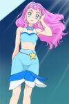  1girl aqua_hairband blue_eyes blue_skirt breasts earrings hairband haruyama_kazunori jewelry laura_(precure) long_hair looking_at_viewer medium_breasts midriff pink_hair precure shell shell_earrings skirt solo standing tropical-rouge!_precure 