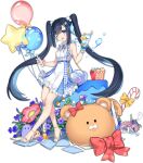  1girl ark_order bag balloon bangs belt blue_belt blue_dress blue_eyes blue_nails blunt_bangs bracelet candy candy_cane center_frills character_request cup dress facial_mark food frills fruit hatoyama_itsuru high_heels holding holding_cup holding_test_tube ice_cream jewelry lemon long_hair nail_polish official_art one_eye_closed otohime_(ark_order) paper_bag pearl_hair_ornament plaid plaid_dress scrunchie shell sidelocks solo star_balloon stuffed_animal stuffed_toy susanoo_(ark_order) tachi-e teddy_bear toenail_polish toenails twintails two-tone_dress very_long_hair waffle water_drop_hair_ornament white_dress white_footwear wrist_scrunchie 