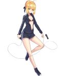  1girl absurdres ahoge artoria_pendragon_(all) bare_legs bikini black_bikini black_footwear black_jacket black_shorts braid braided_bun closed_mouth fate/stay_night fate_(series) full_body highres holding jacket long_legs looking_at_viewer lordol open_clothes open_jacket saber_alter shoes short_shorts shorts sidelocks simple_background solo swimsuit track_jacket white_background 