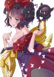  1girl :q bare_shoulders black_kimono breasts calligraphy_brush cleavage fate/grand_order fate_(series) hair_bun hair_ornament hairpin highres holding holding_paintbrush japanese_clothes katsushika_hokusai_(fate) kimono medium_breasts octopus off_shoulder paintbrush purple_hair purple_kimono sasorichamaru short_hair simple_background tokitarou_(fate) tongue tongue_out white_background 