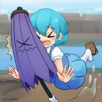  &gt;_&lt; 1girl absurdres bangs blue_hair blue_skirt blue_sky blue_vest closed_eyes cloud english_commentary ferdy&#039;s_lab full_body geta highres hitting house karakasa_obake open_mouth outdoors puddle puffy_short_sleeves puffy_sleeves purple_umbrella river shirt short_hair short_sleeves skirt sky slipping socks solo tatara_kogasa touhou twitter_username umbrella vest water white_legwear white_shirt 