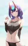  1girl absurdres bangs bare_shoulders beach black_fundoshi blue_sky blurry blurry_background blush breasts chinese_clothes collarbone detached_sleeves dudou eyeliner fate/grand_order fate_(series) forehead_jewel grin highres horns looking_at_viewer low_twintails makeup navel oni oni_horns pointy_ears purple_eyes purple_hair short_hair short_twintails shuten_douji_(fate) shuten_douji_(halloween_caster)_(fate) skin-covered_horns sky small_breasts smile solo taino_kou twintails 