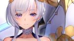  1girl azur_lane bare_shoulders belfast_(azur_lane) braid braided_bun closed_mouth commentary english_commentary eyebrows_visible_through_hair looking_at_viewer lordol portrait purple_eyes purple_hair smile solo 