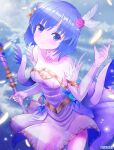  absurdres blue_eyes blue_flower blue_hair blue_rose breasts catria_(fire_emblem) commentary dress eyebrows_visible_through_hair falling_feathers fire_emblem fire_emblem_heroes flower gold_headband gold_trim hair_flower hair_ornament headband highres looking_at_viewer medium_breasts mikoko1 pink_flower pink_rose rose short_hair smile strapless strapless_dress wedding_dress 